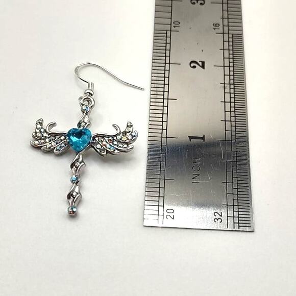 925 Silver Hooked Earrings w/ Cross Angel Wings Lab Topaz Pendants Gift Set NEW! - Picture 5 of 6